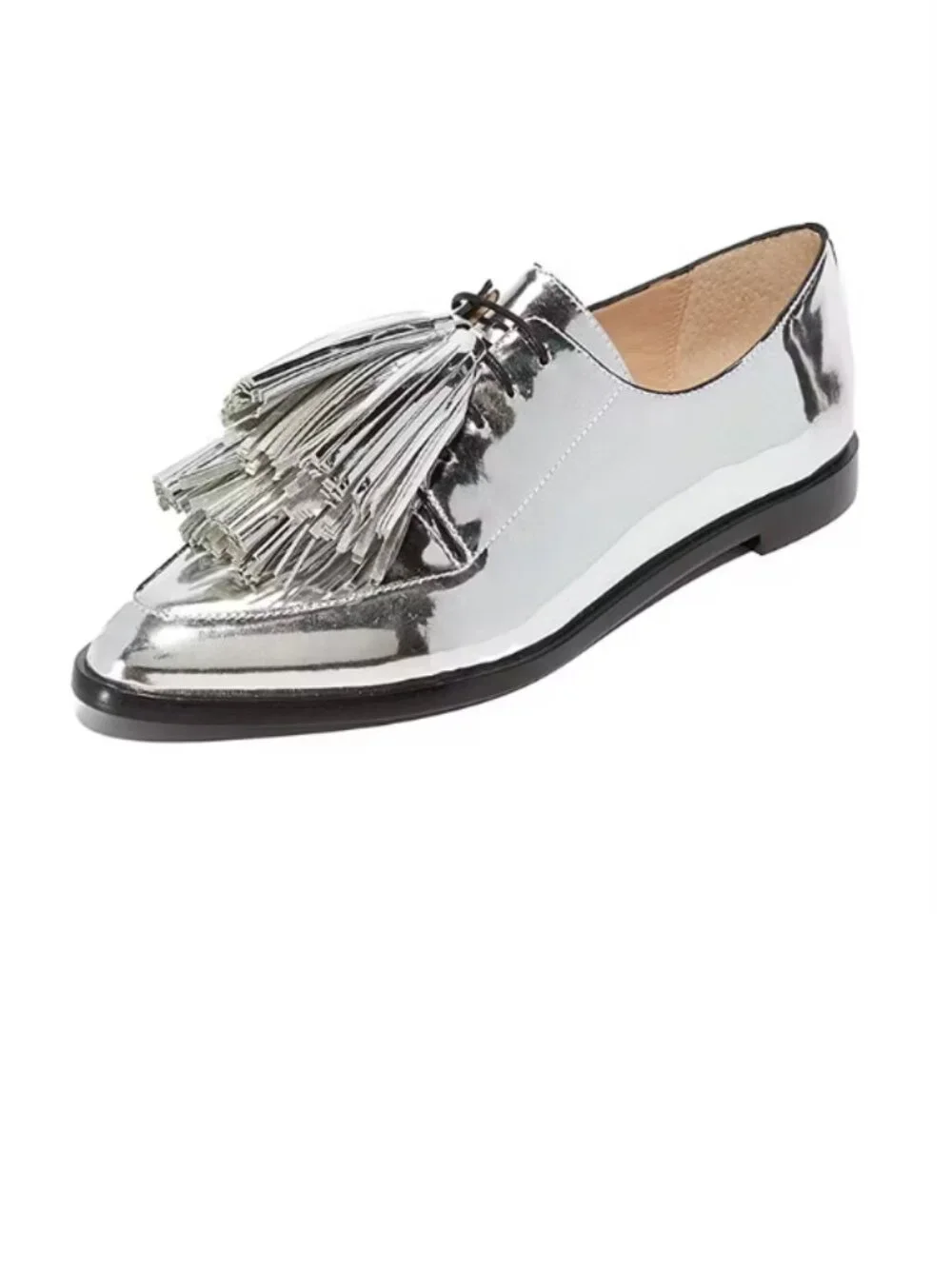 Metallic Silver Lace Up Tassels Flat Oxford Shoes Women