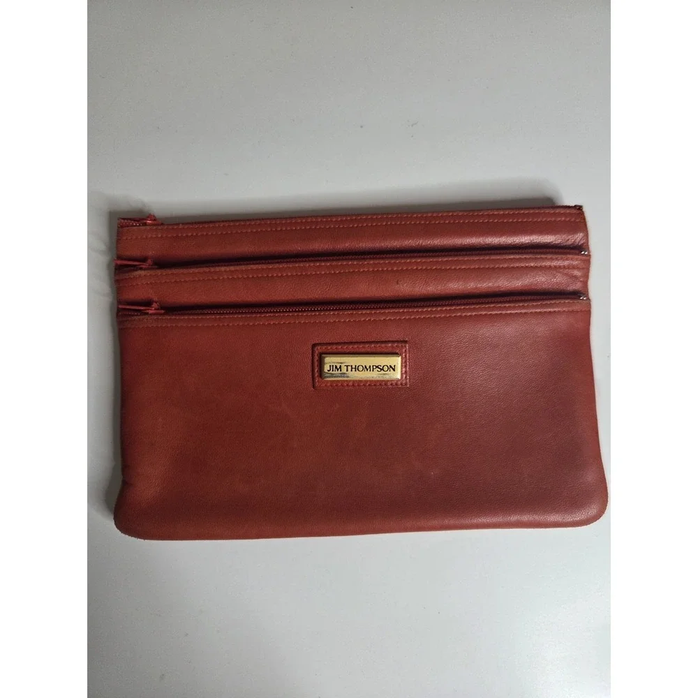 Jim Thompson Coin Cosmetic slim Orange and Gold Leather Triple Zip Pouch 7