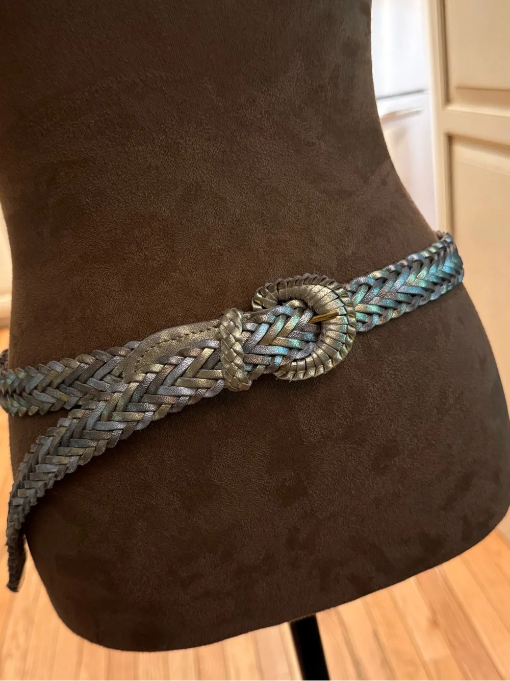 Braided Metallic Gold Silver Rose Gold Leather Waist Belt Size L
