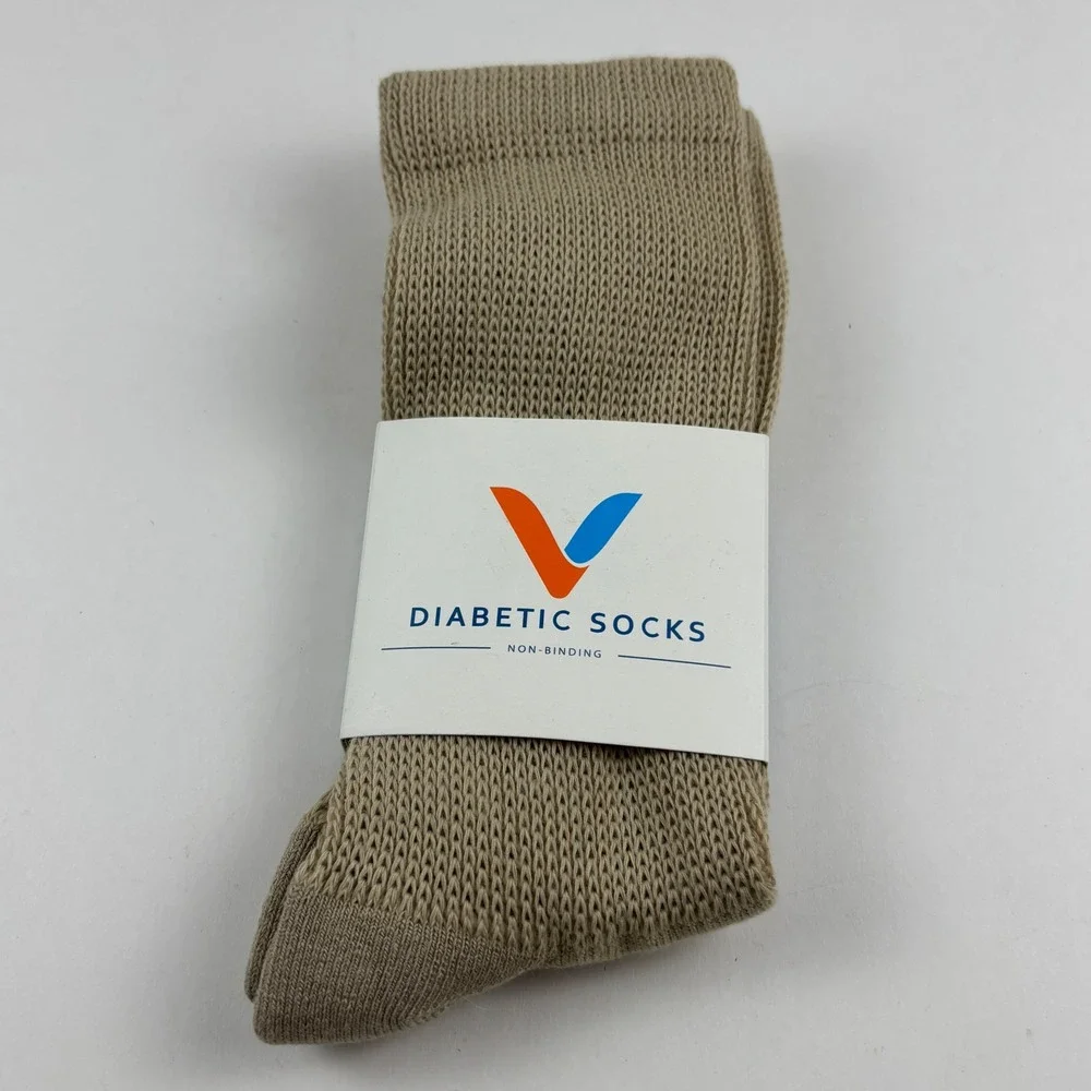 Viasox Diabetic Socks Unisex Large Tan New Non-Binding Crew Thin Bamboo Blend