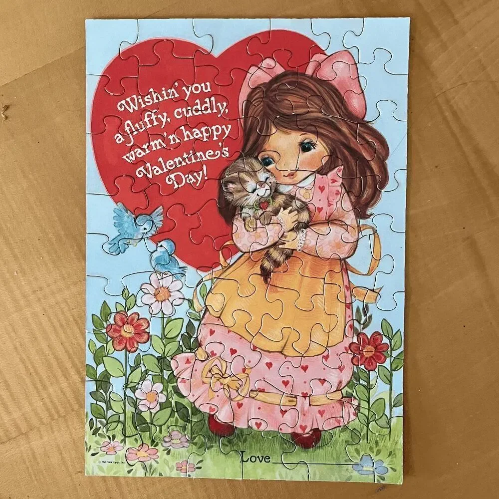 VTG Hallmark Valentine’s Day Puzzle Girl Cat 1970s 7.25x10.25 Complete