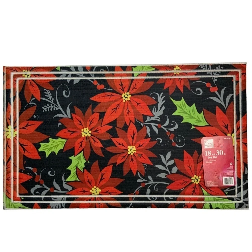 Doormat Christmas Poinsettia Heavy Duty Indoor/Outdoor Red Black 18 x 30 in