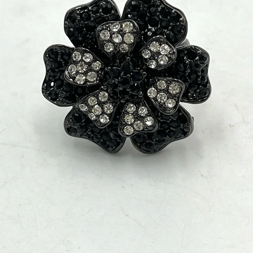 Rare Joan‎ Rivers Gunmetal Finish Belle Fleur Black & Clear Crystal Ring 6 New