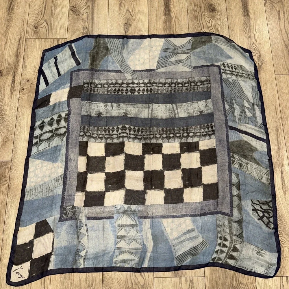 Women's Vintage KENZO‎ Light Silk Checked Checkered Scarf Wrap Blue Black White