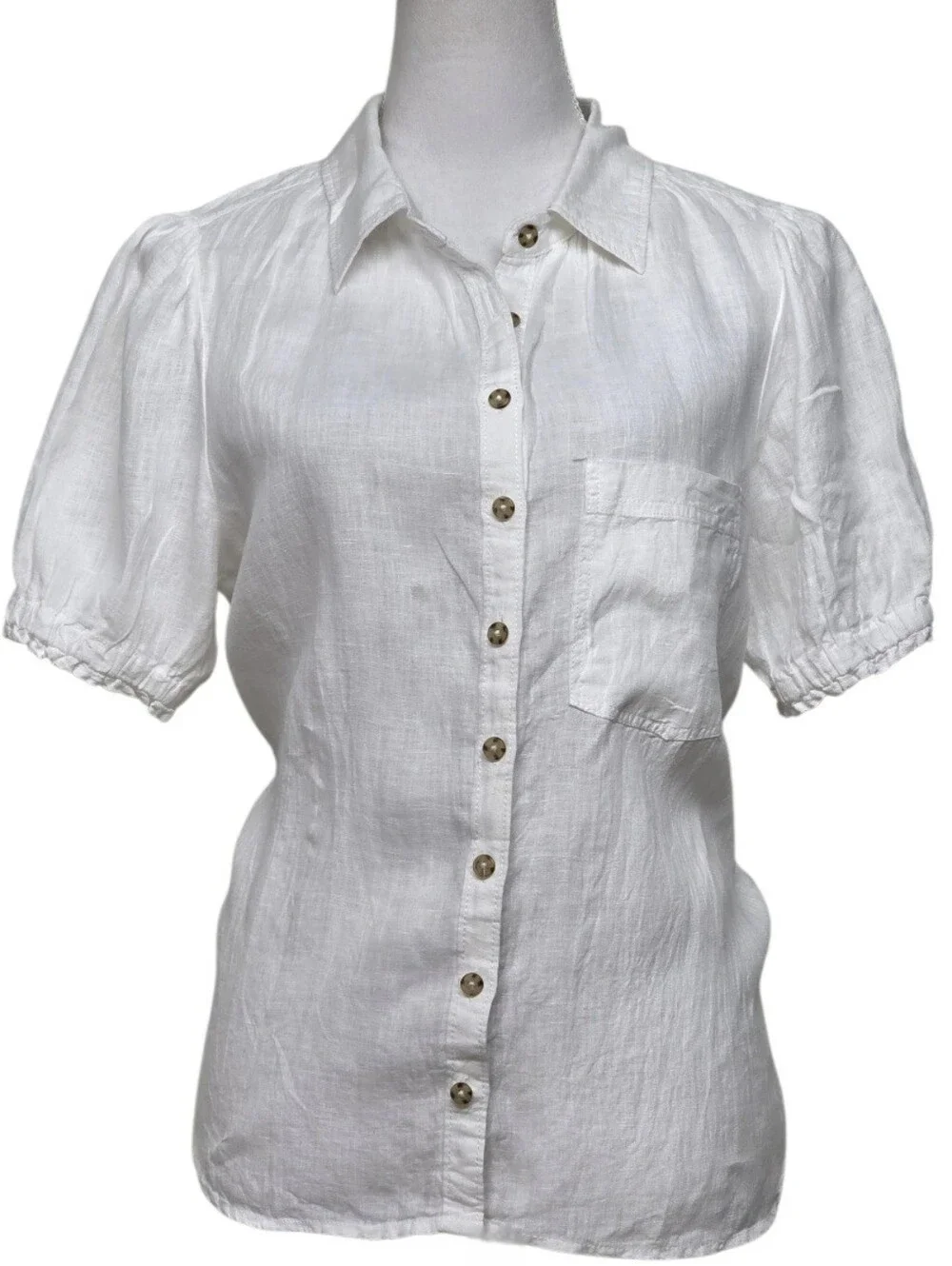 Pilcro Anthropologie White Linen Puff-Sleeve Button Front Blouse