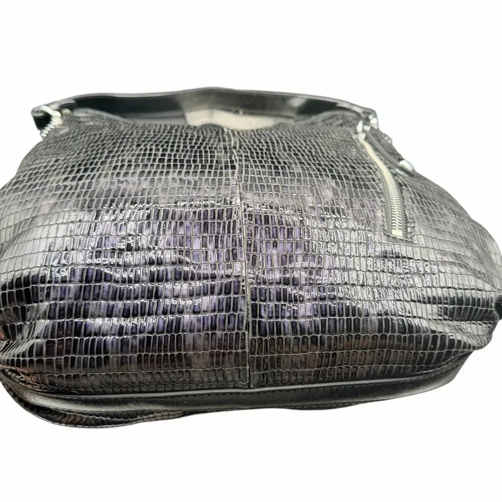 Wanlima Black & Purple Croc Embossed Leather Hobo Shoulder Bag Large