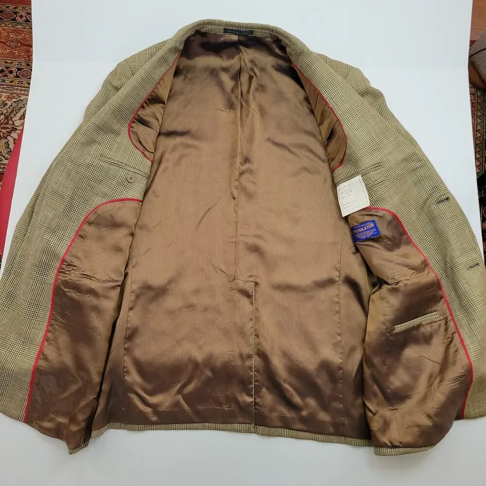 Pendleton Wool Silk Linen Blend Balzer 44R Plaid Brown Blue Tan 2 Button Vintage