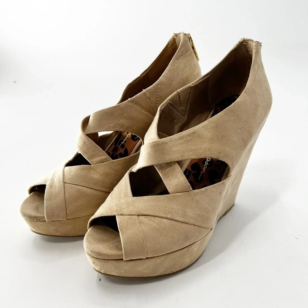 Jessica Simpson Wedges Heels Platforms Peep Toe‎ Criss Cross Tan Shoes Sz 7B