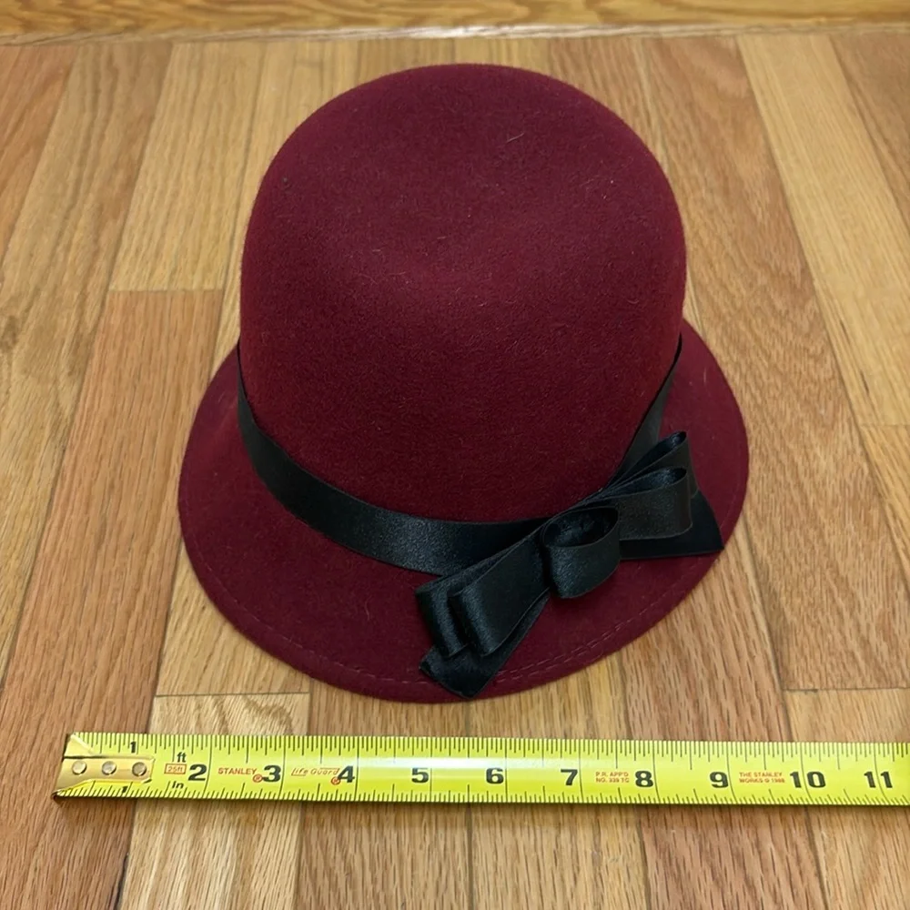 Vintage Burgundy with Black Ribbon Warm Wool Felt Casual Bucket Hat‎