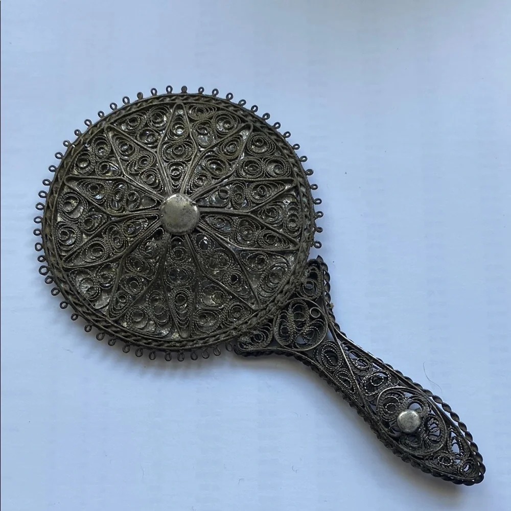 Antique Small Hand Mirror Silver Boudoir Filigree Traditional Art