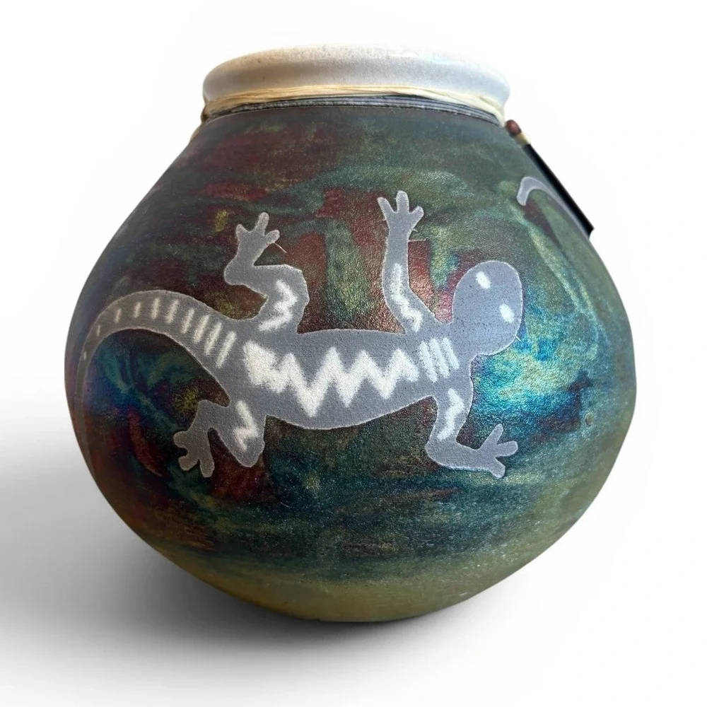 Jeremy Diller Southwest Dream Raku Pottery Lizard Vase Iridescent Hand Thrown 8