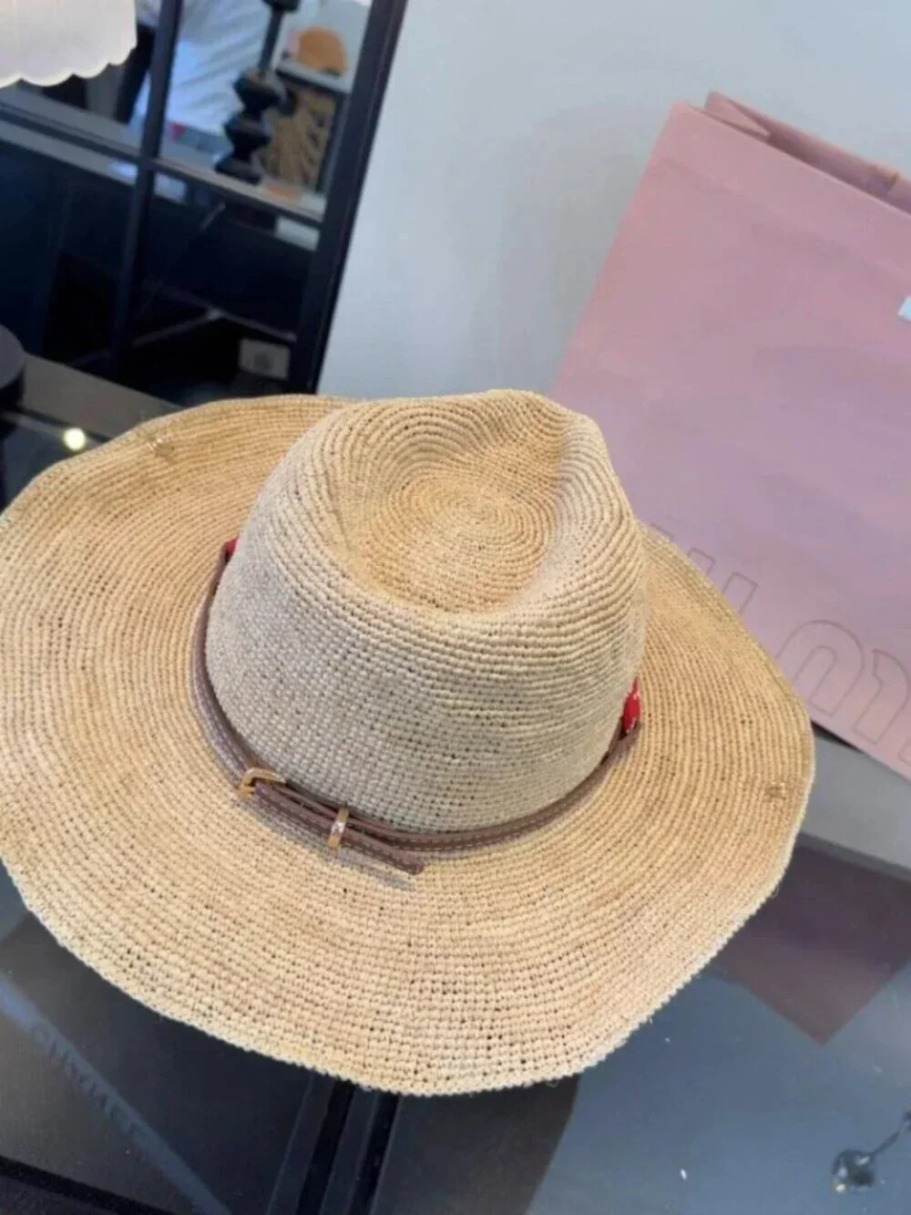 Miu Miu Straw Wide Brim Sun Hat with Red Rope Logo Detail
