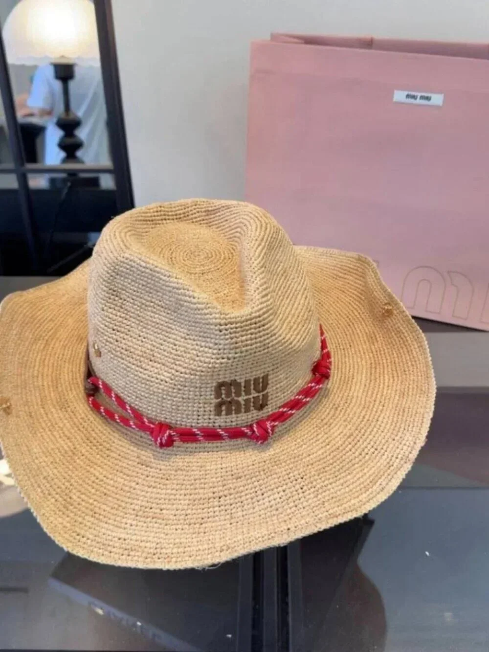 Miu Miu Straw Wide Brim Sun Hat with Red Rope Logo Detail