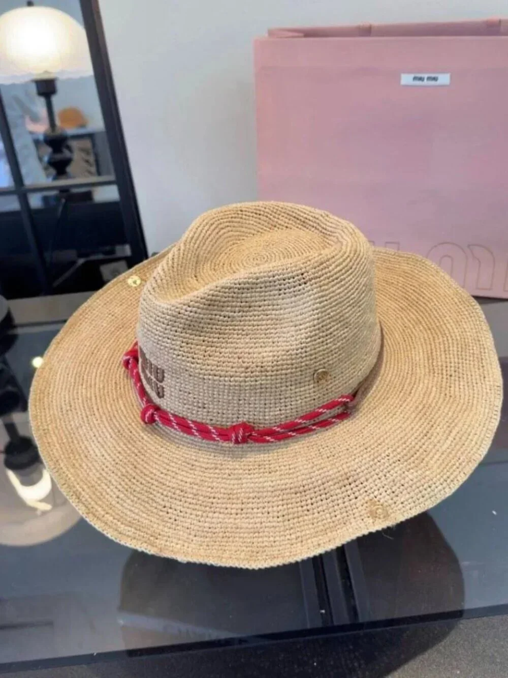 Miu Miu Straw Wide Brim Sun Hat with Red Rope Logo Detail