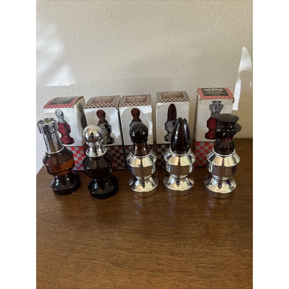 5 NIB Vtg Avon Chess Pieces The Pawn‎ II Spicy (2), Queen, Bishop II, The Pawn