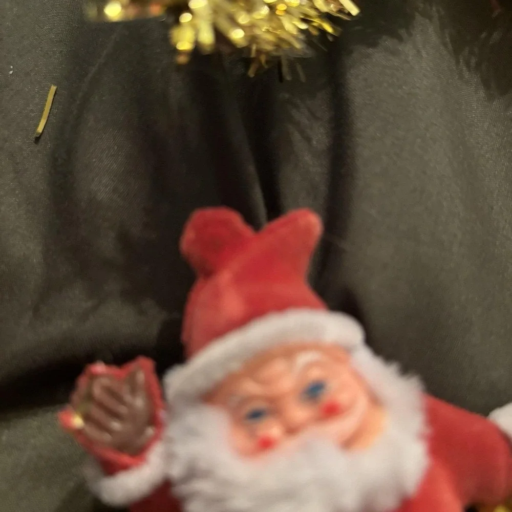 Vtg 1960s Flocked Dancing Santa Christmas Ornament Blow Mold Tinsel Door hanger‎