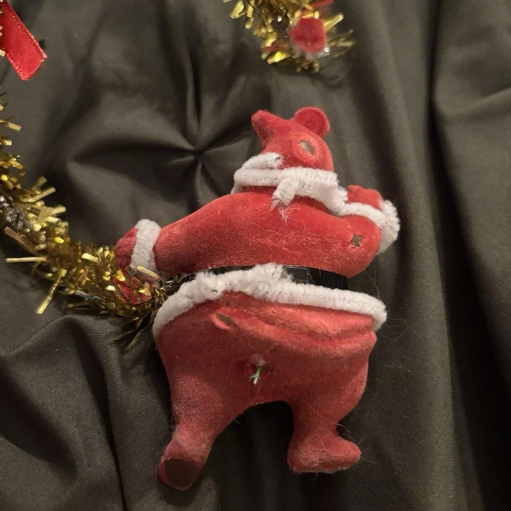 Vtg 1960s Flocked Dancing Santa Christmas Ornament Blow Mold Tinsel Door hanger‎