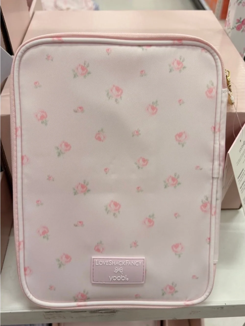 Love Shack Fancy Pink Floral Cosmetic/Tech Organizer Pouch with Gold Bow