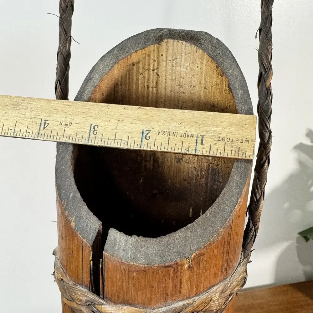 Vintage Handcrafted Bamboo Vase Planter with Braided Rope Handle & Accents 16.5