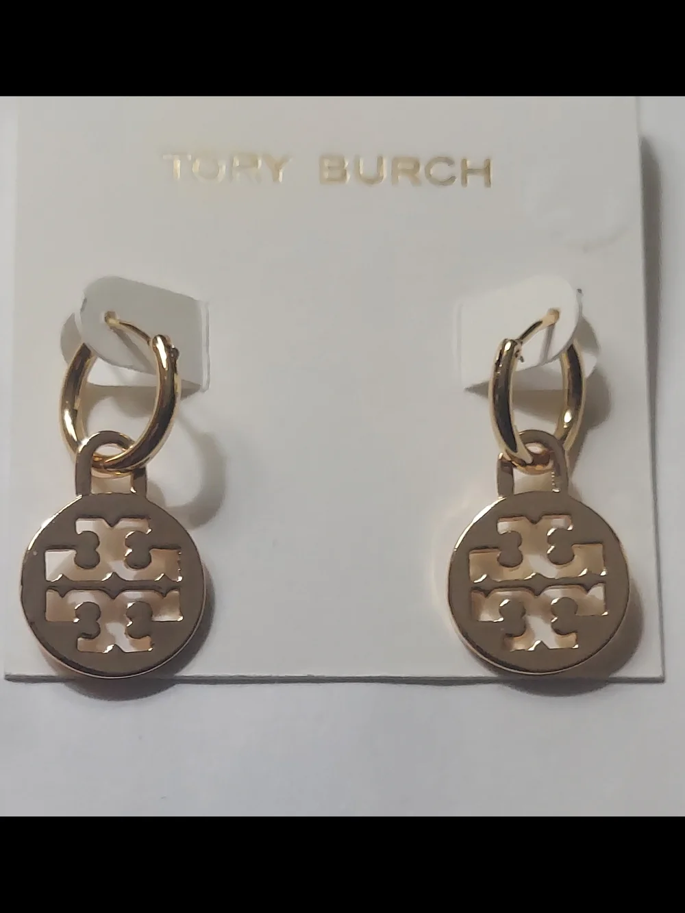 Tory Burch Gold Logo Drop Hoop Earrings
