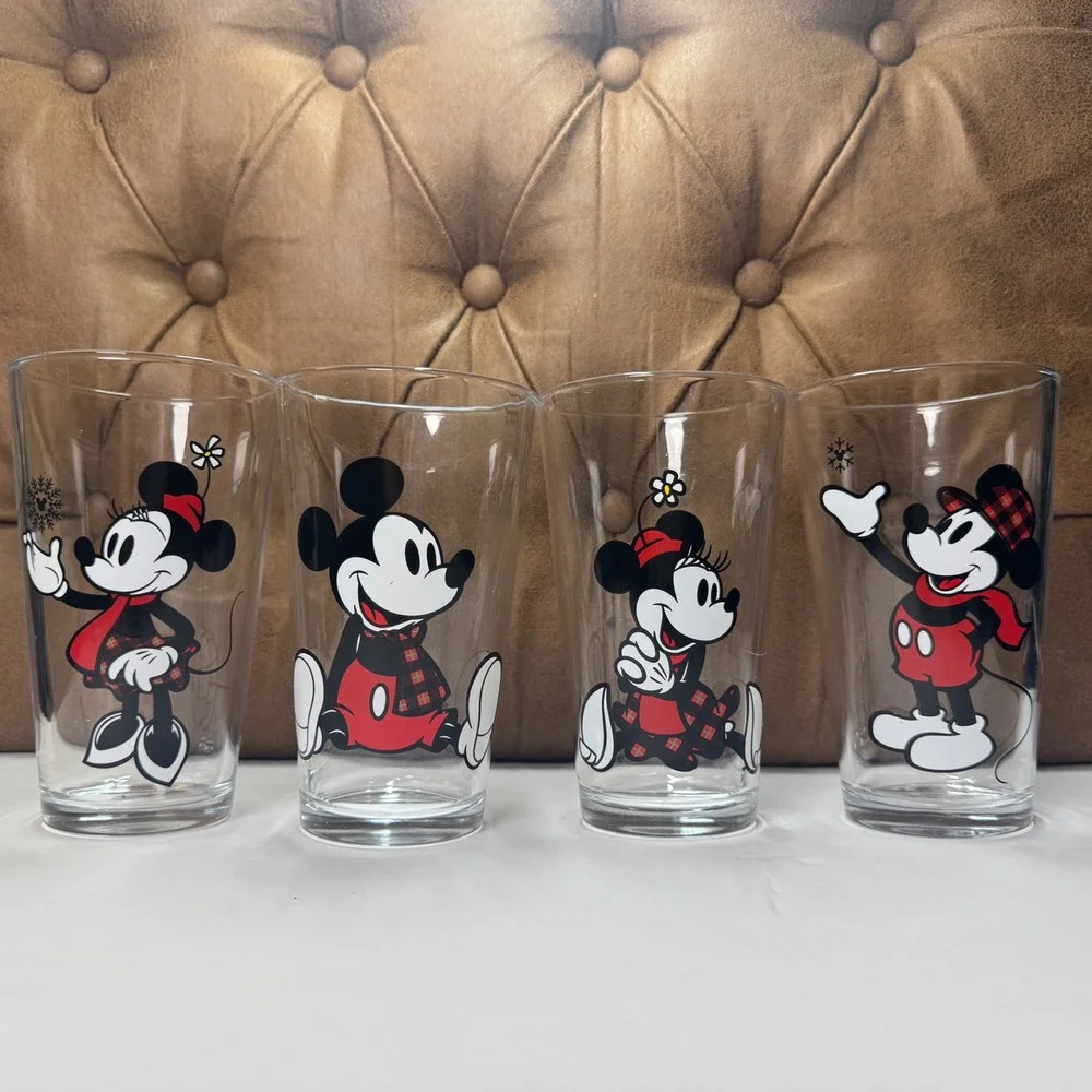 Disney‎ Drinking Glasses Mickey & Minnie Mouse Set of 4 Winter Holiday Plaid