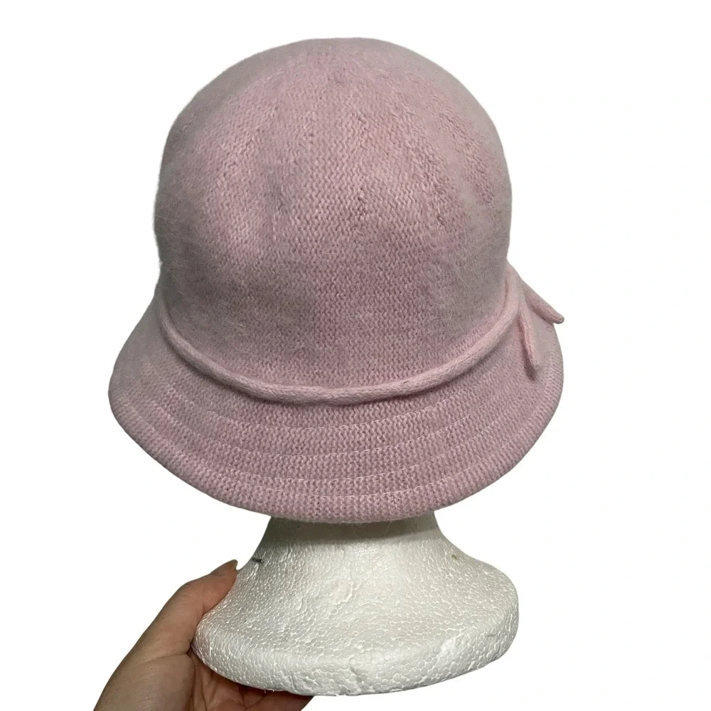 Women Fuzzy Baby Pink Rabbit Hair Cloche Bucket Hat with Bow Retro Y2K Pastel‎
