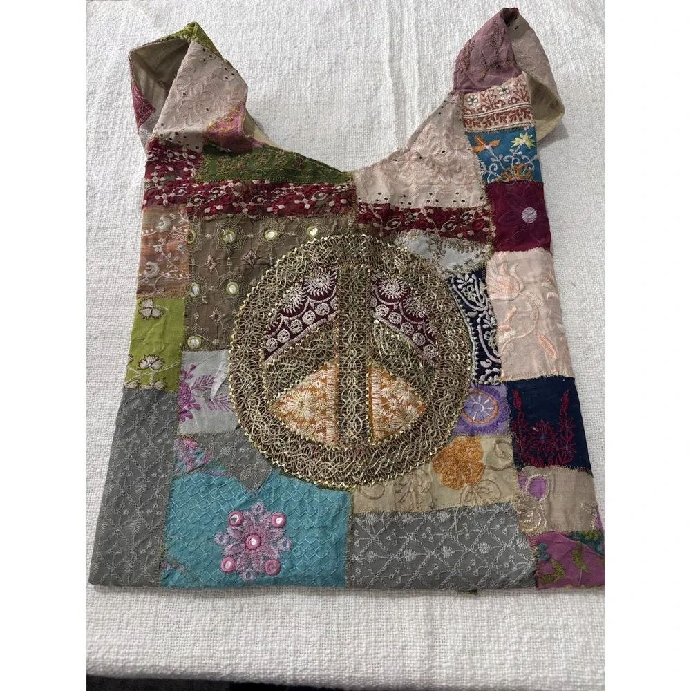 Bohemian Embroidered Multicolor Sling Bag Beaded Peace Sign Festival Concert‎