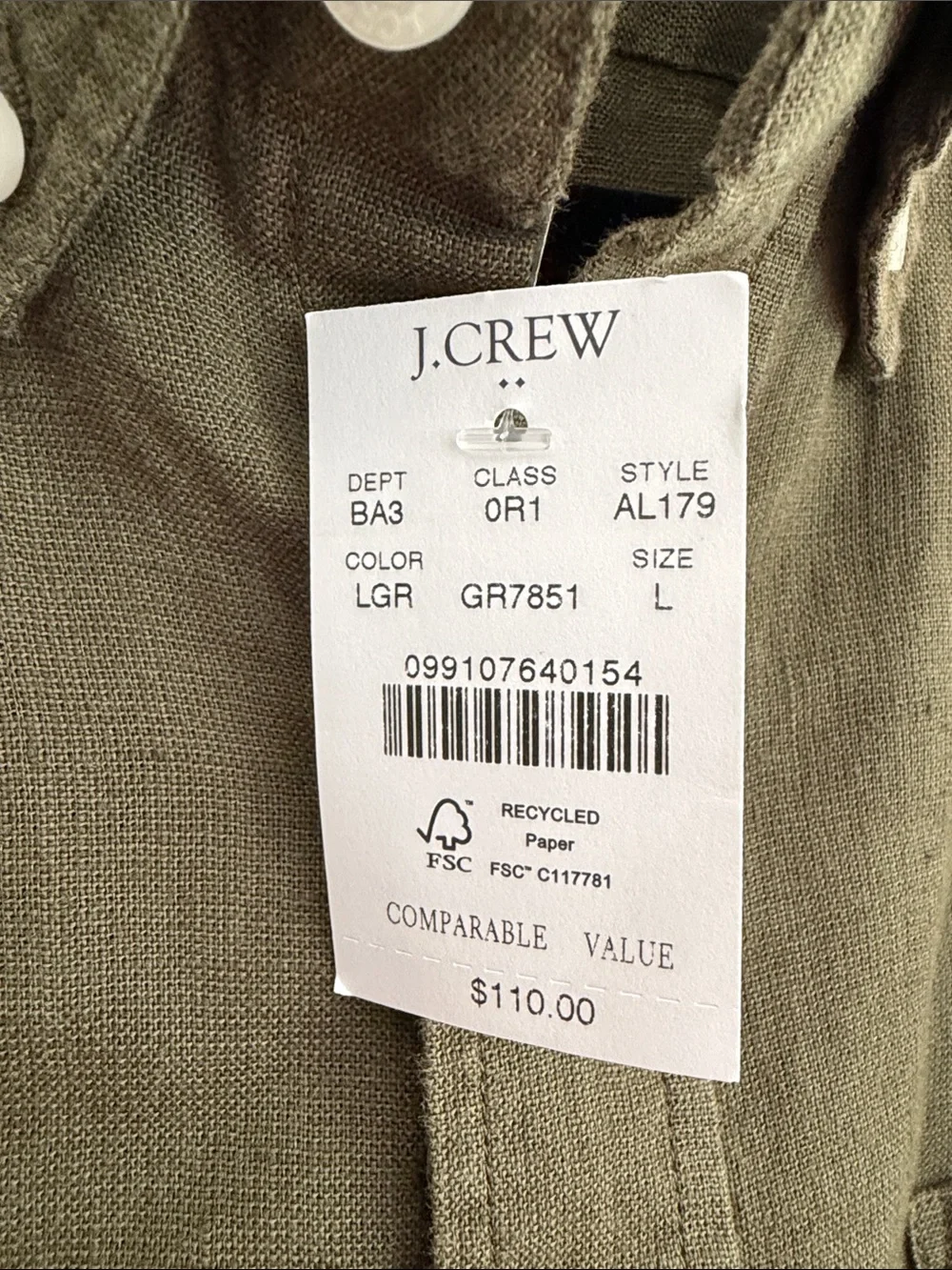 NWT! J. Crew Men’s Olive Green Long-Sleeve 80% Linen Button-Down Shirt Size L