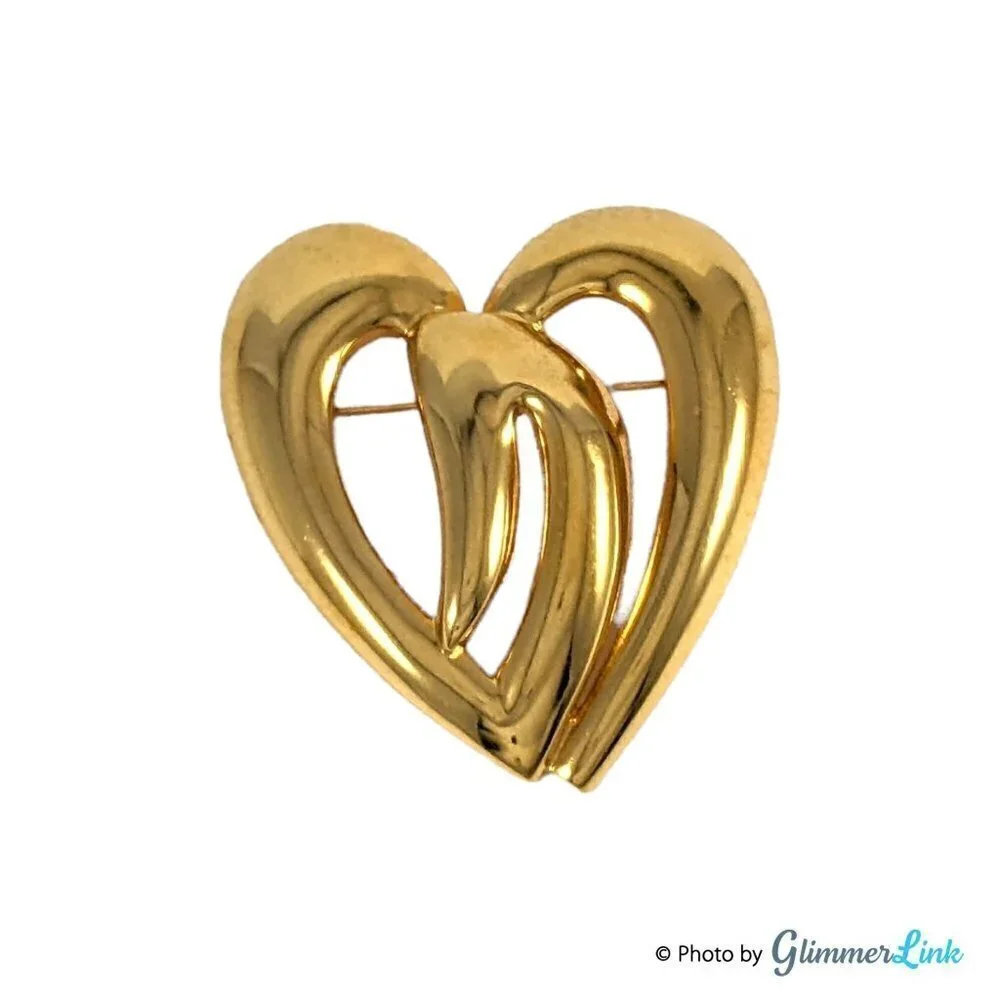 Vintage Large Gold Tone Polished Heart Brooch Pin
