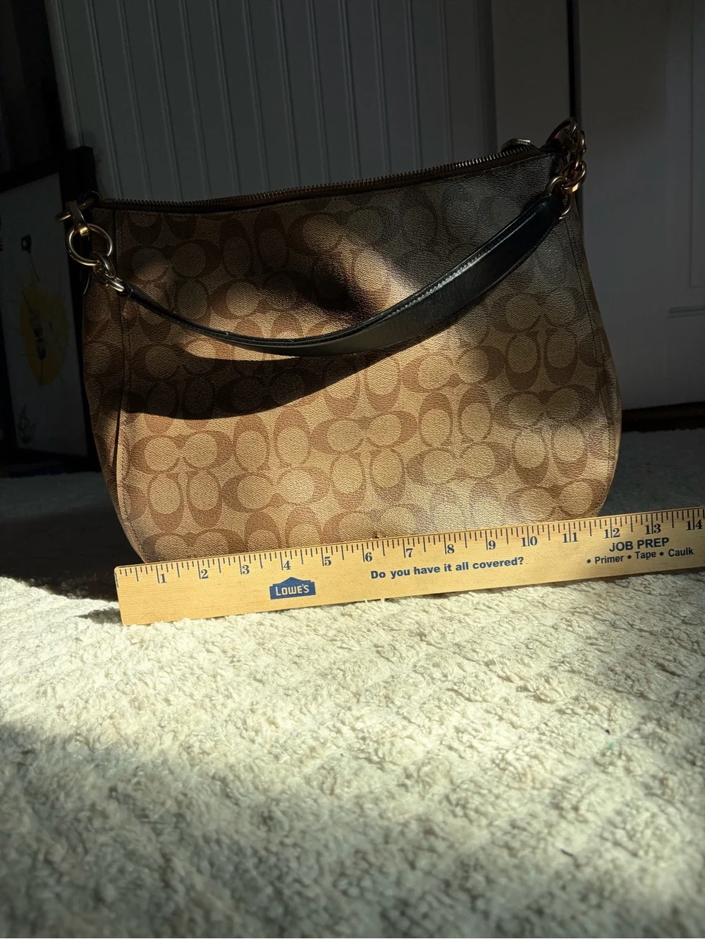 Coach Signature Shoulder Bag in Khaki/Chalk with Brown Trim