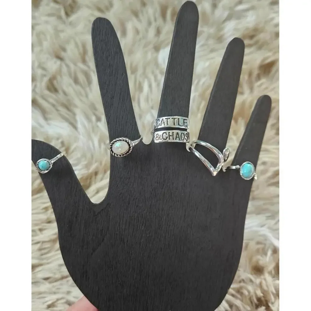 Set of‎ Five Women's Silver Tone Rings with Turquoise and Opal Stones Brand New