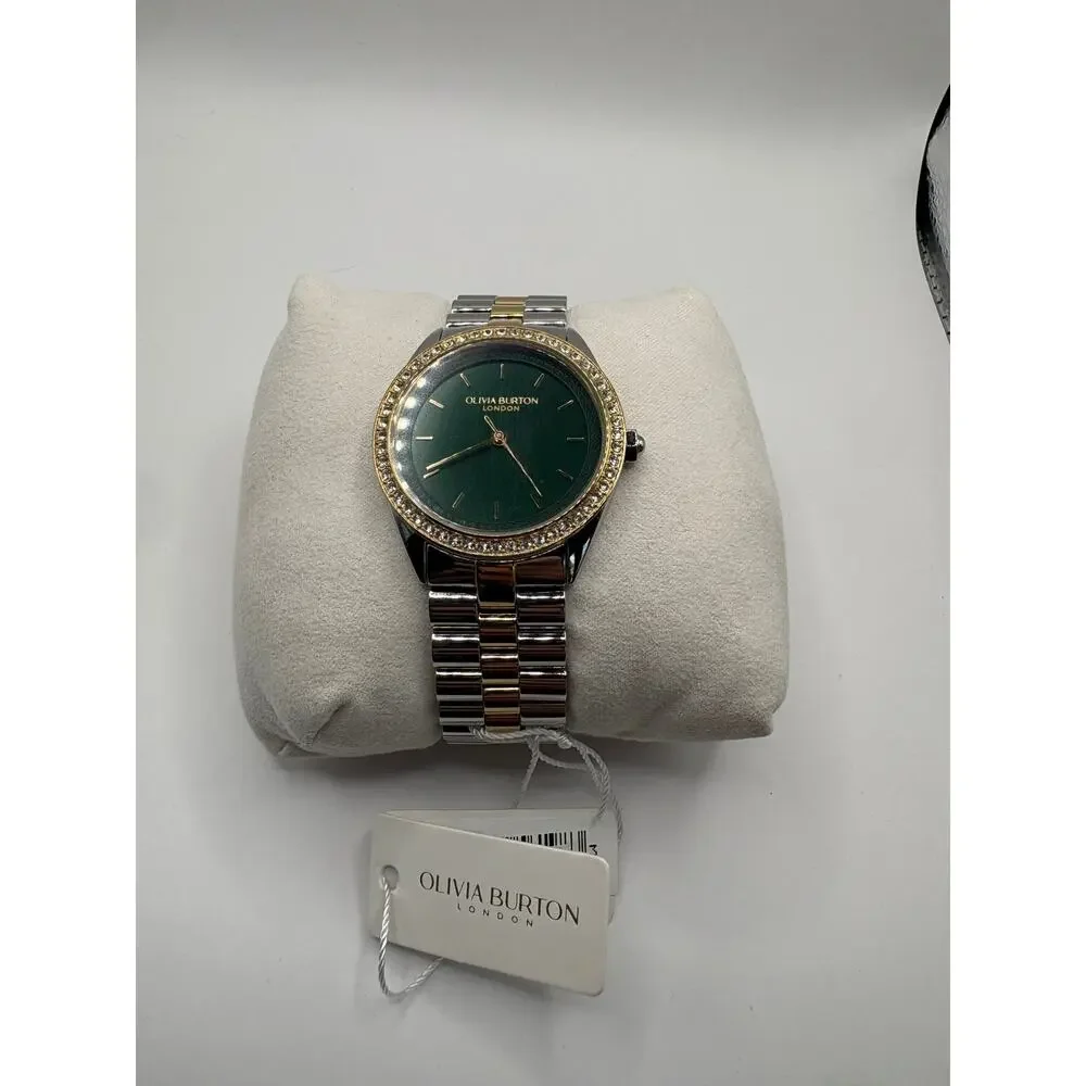 Olivia Burton London Women Watch Green Dial Crystal Bezel Two-Tone Nwt Green