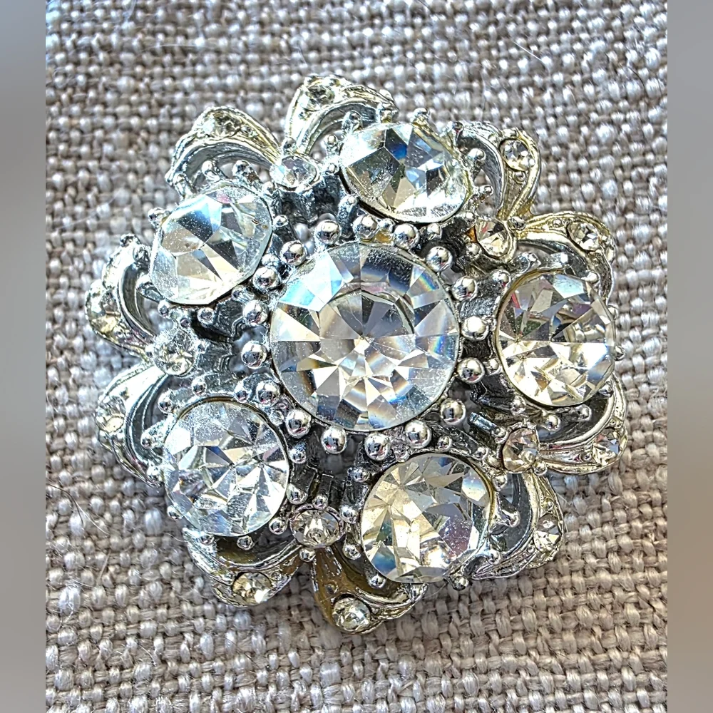 Vintage Coro Signed Brooch Silver Tone Floral Rhinestone