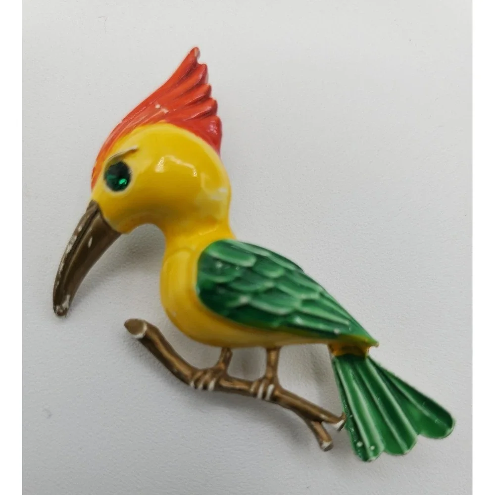 Vtg Colorful Enameled Metal Woodpecker Bird w Green Eye Brooch Pin