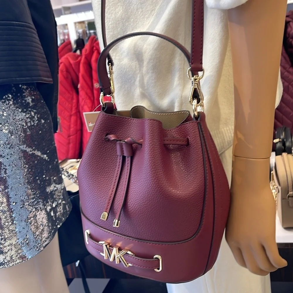 MICHAEL KORS  Reed Medium Pebbled Leather Bucket Bag Dark Cherry  NWT