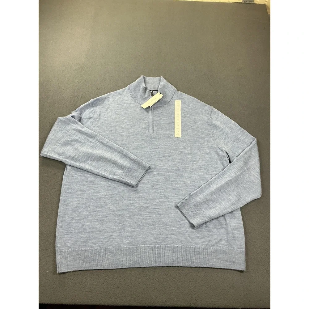 Banana Republic Sweater Mens 2XL Blue Merino Wool 1/4 Zip Mock Neck‎ Pullover