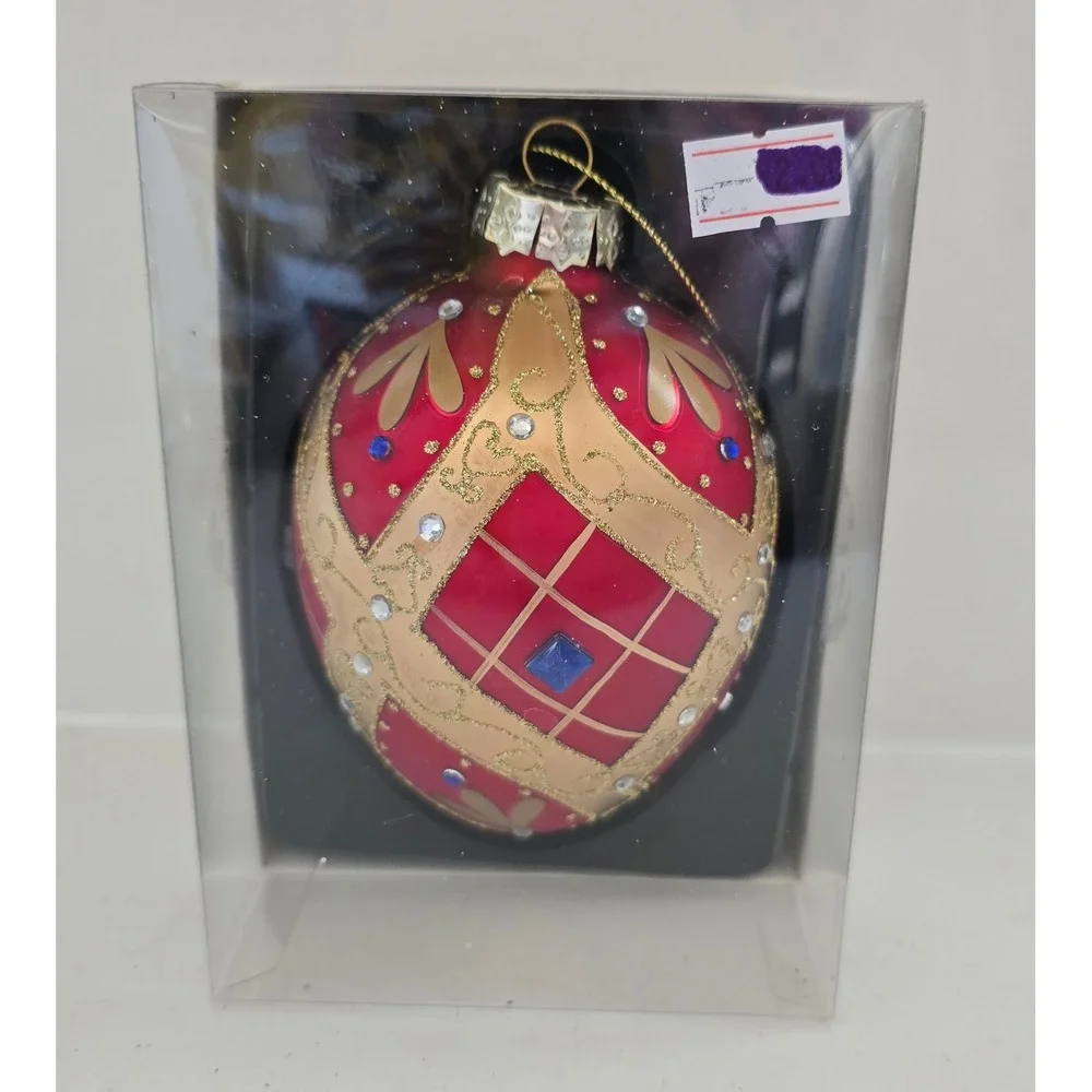 Kurt S Adler Red Gold Glass European Ornament Rhinestone Plaid GG0991 New