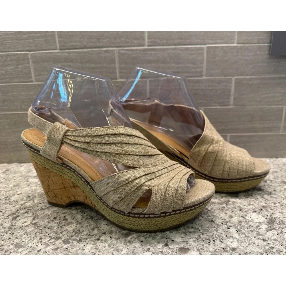 Naturalizer Womens Tan Linen Shimmer Cork Espadrille Wedge Sandals Peep Toe 4in