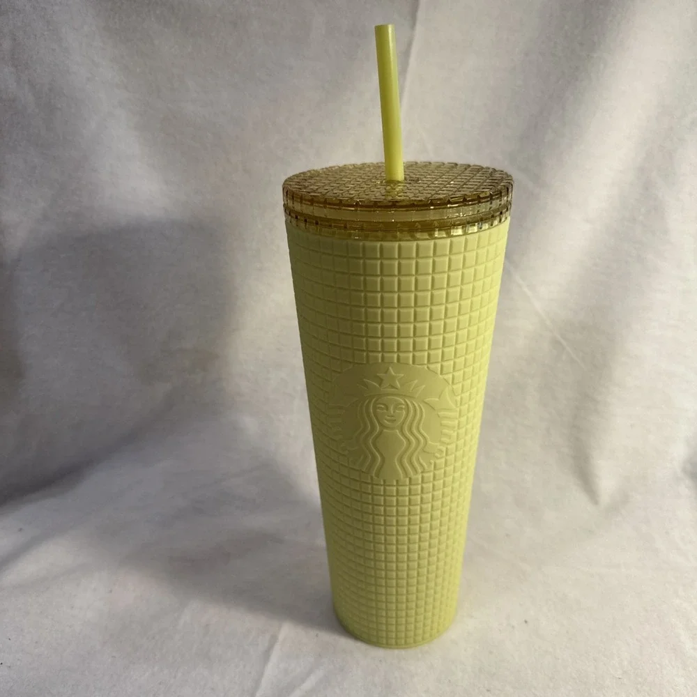 NEW Starbucks Venti  Tumbler Meadow Yellow 24oz Soft Touch Square Grid Cold Cup