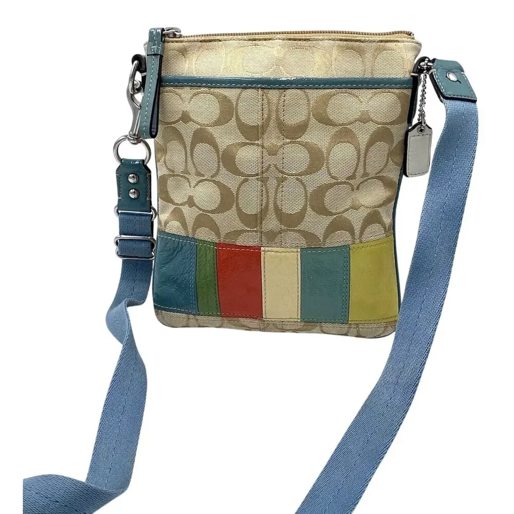 Coach Beige Blue Jacquard Hamptons Weekend Multicolor Stripe Swingpack Crossbody