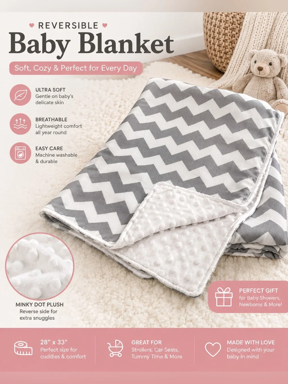 Reversible plush Baby Blanket - Gray Chevron Minky Dot