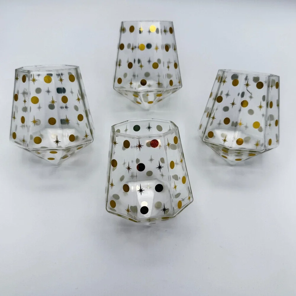 Chic and Tonic Faceted Glass Diamond Tumbler Set 4pc Gold Starburst Mid-Century‎