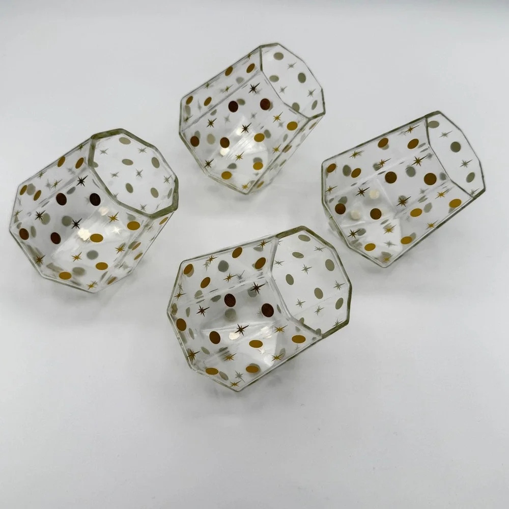 Chic and Tonic Faceted Glass Diamond Tumbler Set 4pc Gold Starburst Mid-Century‎