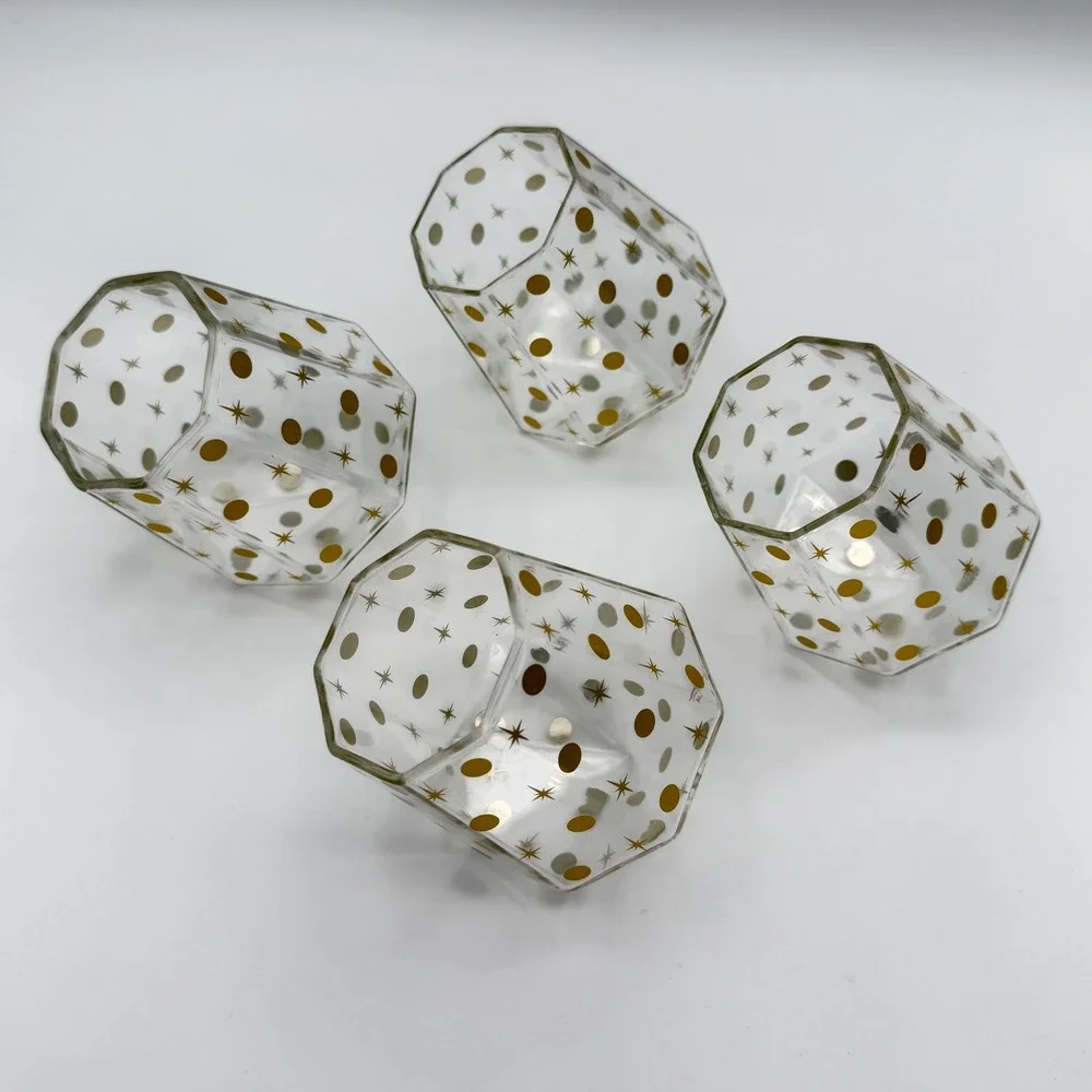 Chic and Tonic Faceted Glass Diamond Tumbler Set 4pc Gold Starburst Mid-Century‎