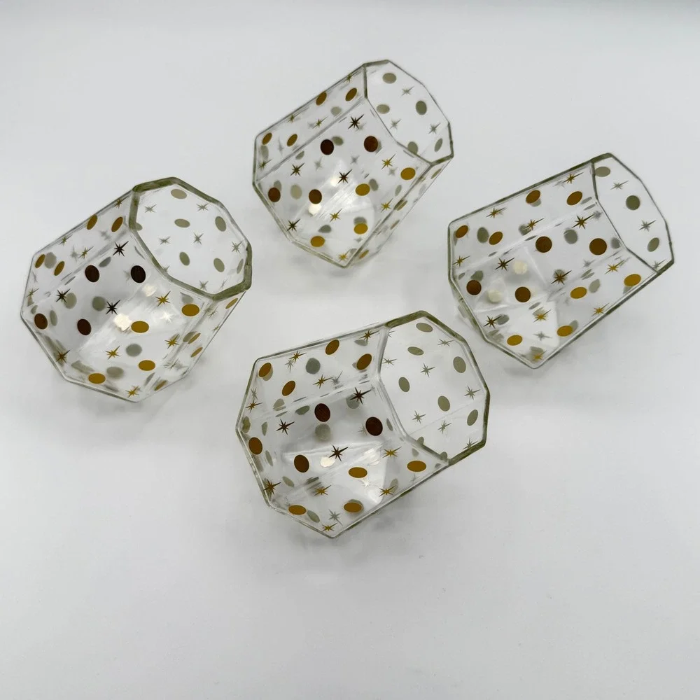 Chic and Tonic Faceted Glass Diamond Tumbler Set 4pc Gold Starburst Mid-Century‎