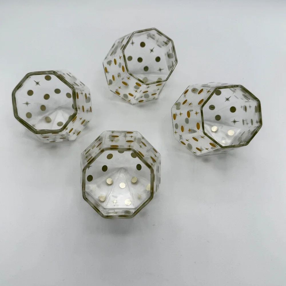 Chic and Tonic Faceted Glass Diamond Tumbler Set 4pc Gold Starburst Mid-Century‎