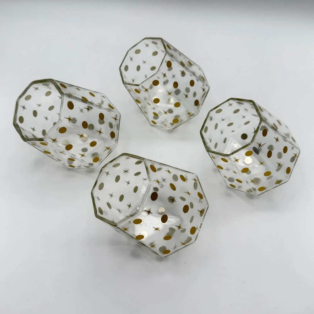 Chic and Tonic Faceted Glass Diamond Tumbler Set 4pc Gold Starburst Mid-Century‎