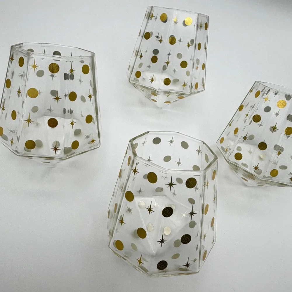 Chic and Tonic Faceted Glass Diamond Tumbler Set 4pc Gold Starburst Mid-Century‎