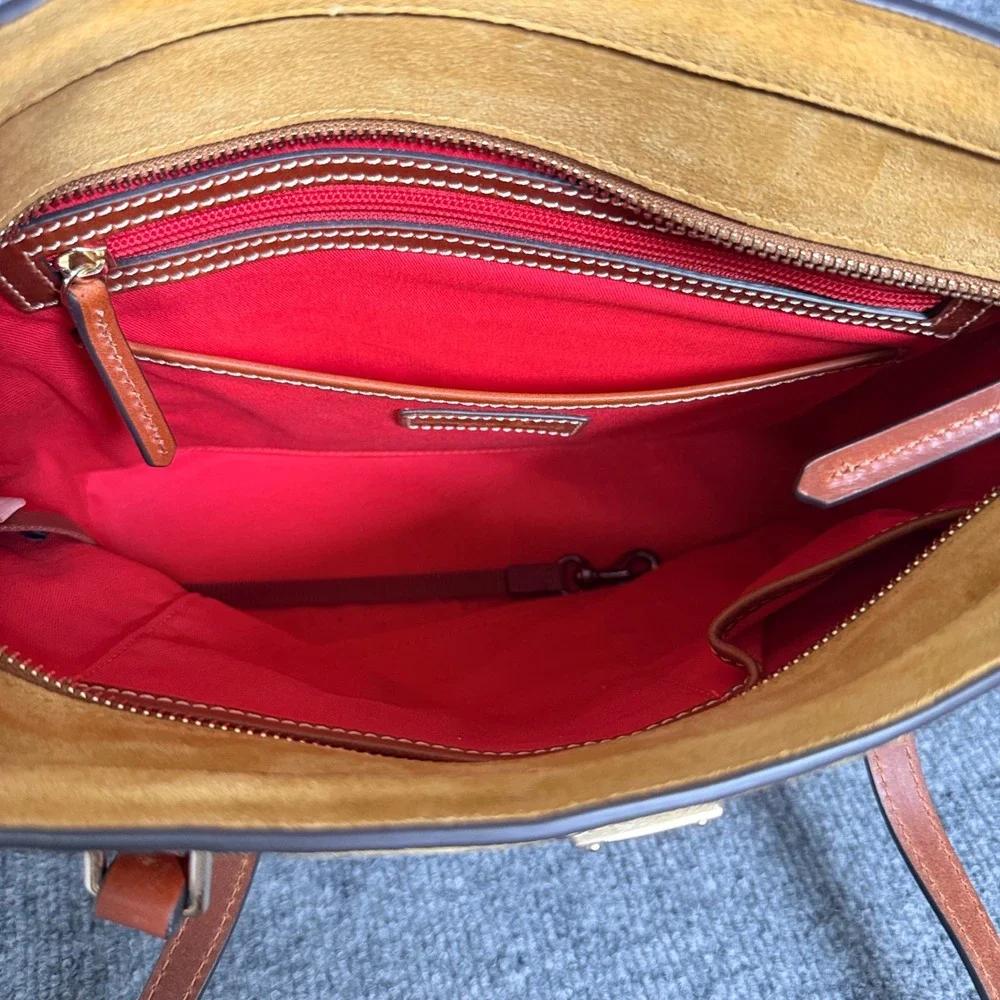 Dooney & Bourke Suede Shopper Shoulder Tote Bag Cream Leather Zipped Pockets