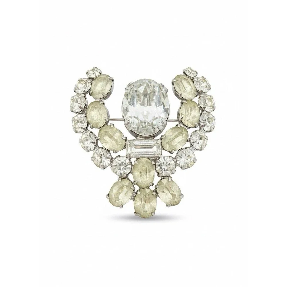 Vintage Clear Rhinestone Crescent Brooch Pin - Mid-Century Style Bridal Jewelry